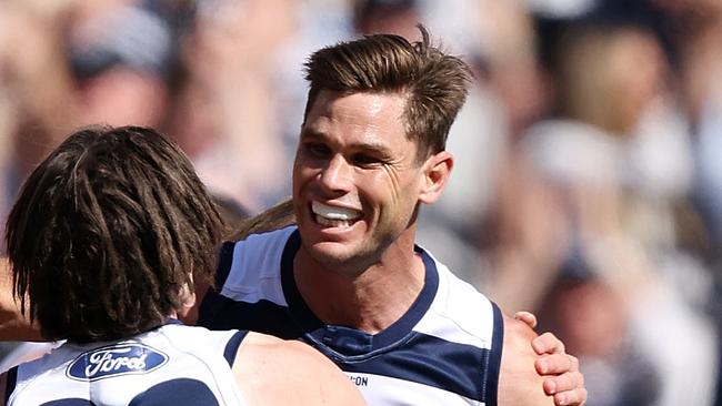 MELBOURNE, SEPTEMBER 24, 2022: 2022 AFL Grand Final between the Geelong Cats and Sydney Swans at the MCG. Tom Hawkins celebrates a goal. Picture: Mark Stewart