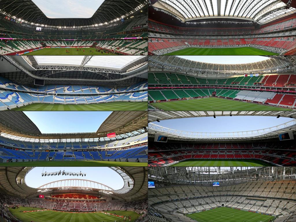 This combination of file pictures created on October 19, 2022 shows interior views of Qatar’s stadiums. (Photo by AFP)