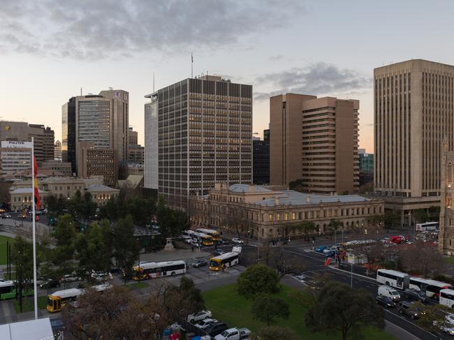 Adelaide, AUSTRALIA, July 08, 2019: Eveving busy traffic in King William Street with tramline roadworks near Victoria Square, Adelaide CBD. Pic by Alex Aleshin