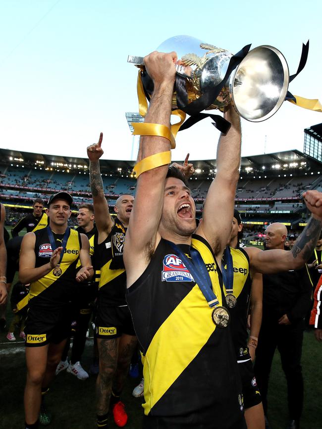 Richmond's Trent Cotchin with the 2019 premiership cup. Picture: Phil Hillyard