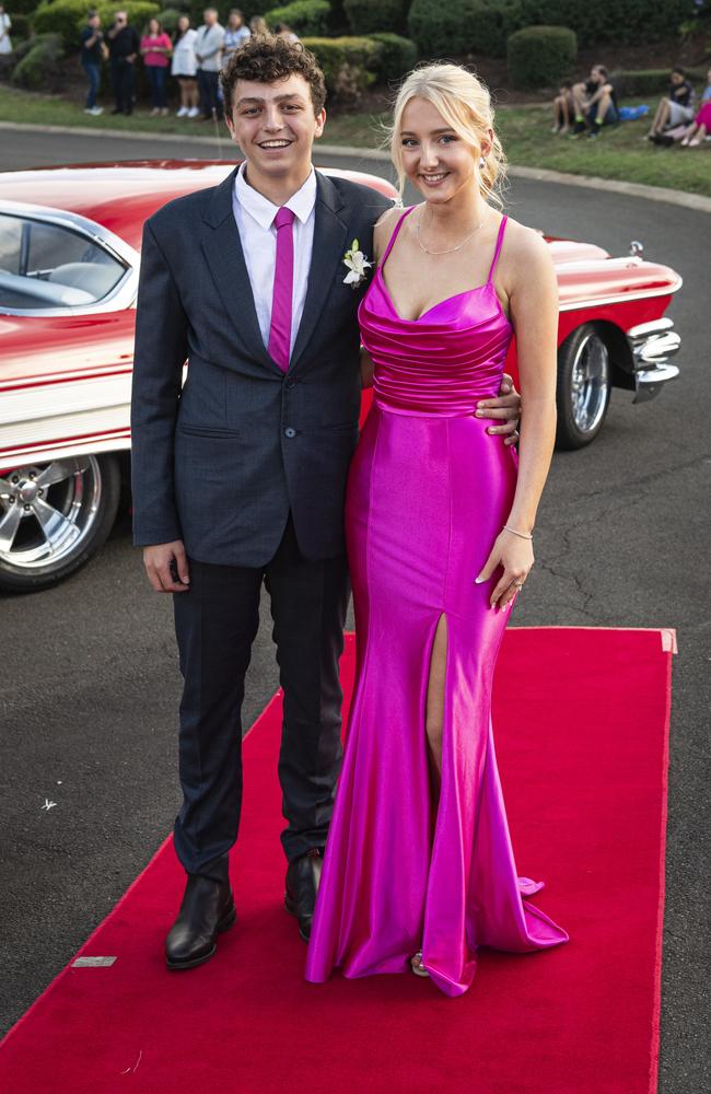 College captain Will Connolly and partner Kya Manz arrive at Mary MacKillop Catholic College formal at Highfields Cultural Centre, Thursday, November 14, 2024. Picture: Kevin Farmer