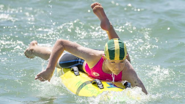 North Curl Curl’s Tyler Brown on his way to second place in an under-11 Male Board quarter-final event at the NSW Surf Life Saving Championships at Blacksmiths Beach on Friday, 28 February, 2020. Picture: Troy Snook