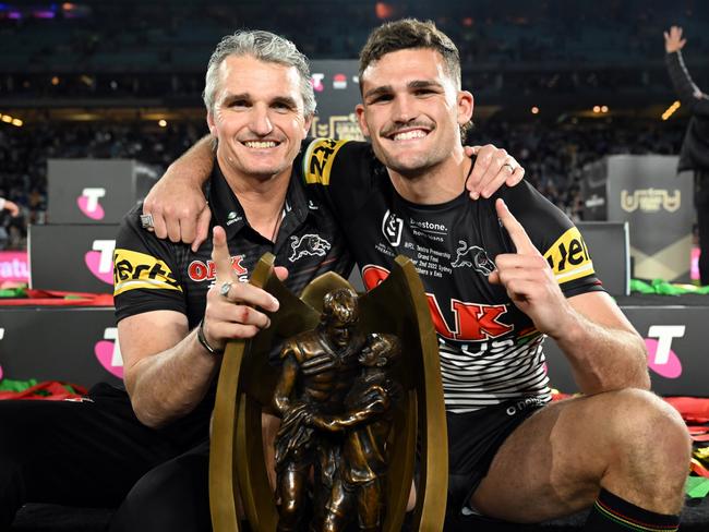 ** MUST CREDIT NRL PHOTOS**  Ivan Cleary with son Nathan Cleary celebrates winning the NRL -Grand Final Penrith Panthers vs Parramatta Eels final at Accor Stadium .Picture: NRL Photos