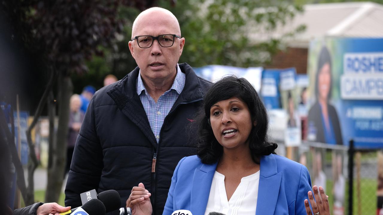 Peter Dutton was out campaigning with Liberal candidate Roshena Campbell as voters headed to the polls. Picture: NCA NewsWire / Luis Ascui