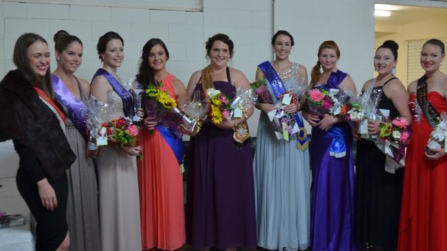 2014 MISS SHOWGIRL FINALISTS: From left, Queensland Country Life's Miss Showgirl 2013 Donna Baker with 2014 Miss Showgirl Burnett Sub-chamber Sophie Hughes (Teebar), runner-up Bonnie Coolee (Bundaberg), and finalists: Chantelle Wain (Mundubbera), Emma Oppermann (Gayndah), Taylor Laney (Monto), Joanna Pickering (Eidsvold), Georga Jones (Mt Perry), Caitlin Gilfoyle (Gin Gin). Photo Shirley Way / Central & North Burnett Times