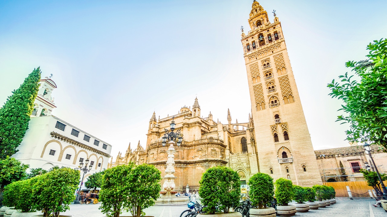 Iconic landmark La Giralda, the bell tower of Seville Cathedral.