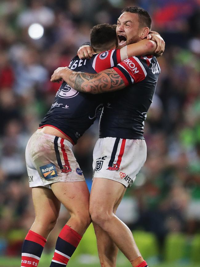 Victor Radley and Jared Waerea-Hargreaves celebrate.