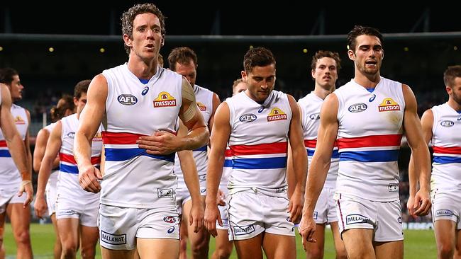 The Western Bulldogs walk off Subiaco after losing to Fremantle.