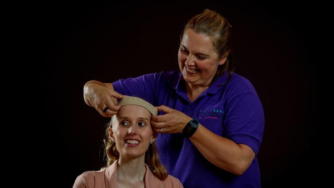 Nicole Dematos has created headbands which help chemotherapy patients like Kaitlyn O’Kane retain their own hair.