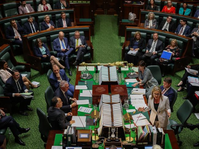 MELBOURNE, AUSTRALIA - OCTOBER 03: A general view of the floor of the legislative assembly as Premier of Victoria, Jacinta Allan addresses the floor during Question Time at Victorian Parliament house on October 03, 2023 in Melbourne, Australia. Recently appointed State Premier of Victoria Jacinta Allan takes over from Daniel Andrews who resigned after nine years as Premier. (Photo by Asanka Ratnayake/Getty Images)