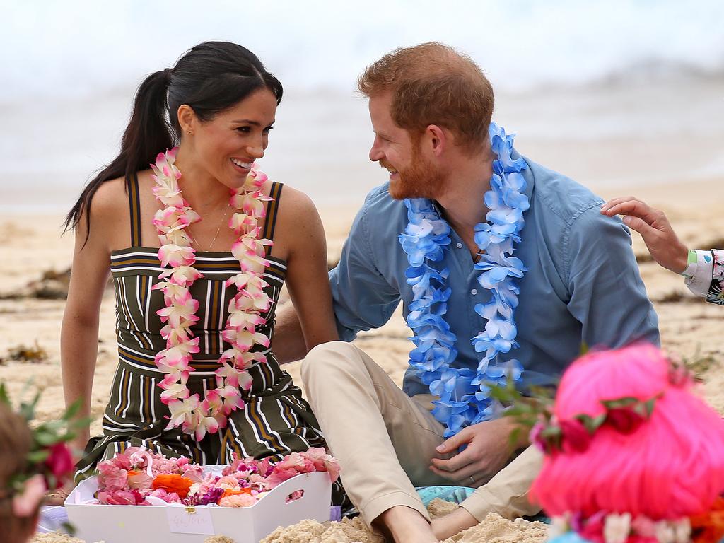 The Duke and Duchess of Sussex, Prince Harry and Meghan Markle visit iconic Bondi Beach in Sydney during their Australian visit for the Invictus Games. The Royal couple met with members of the local surfing and wellbeing communities known as 'One Wave' that raise awareness for mental health. Picture: Toby Zerna