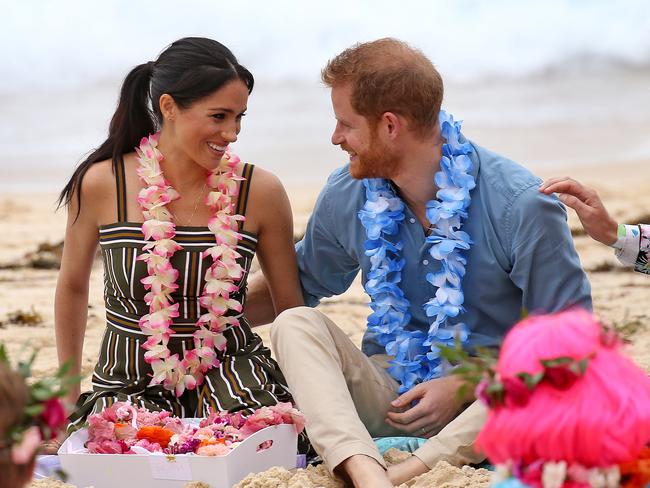 The Duke and Duchess of Sussex, Prince Harry and Meghan Markle visit iconic Bondi Beach in Sydney during their Australian visit for the Invictus Games. The Royal couple met with members of the local surfing and wellbeing communities known as 'One Wave' that raise awareness for mental health. Picture: Toby Zerna