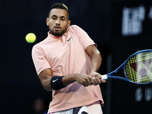 MELBOURNE, AUSTRALIA - JANUARY 21:  Nick Kyrgios of Australia plays a backhand during his Men's Singles first round match against Lorenzo Sonego of Italy on day two of the 2020 Australian Open at Melbourne Park on January 21, 2020 in Melbourne, Australia. (Photo by Daniel Pockett/Getty Images)