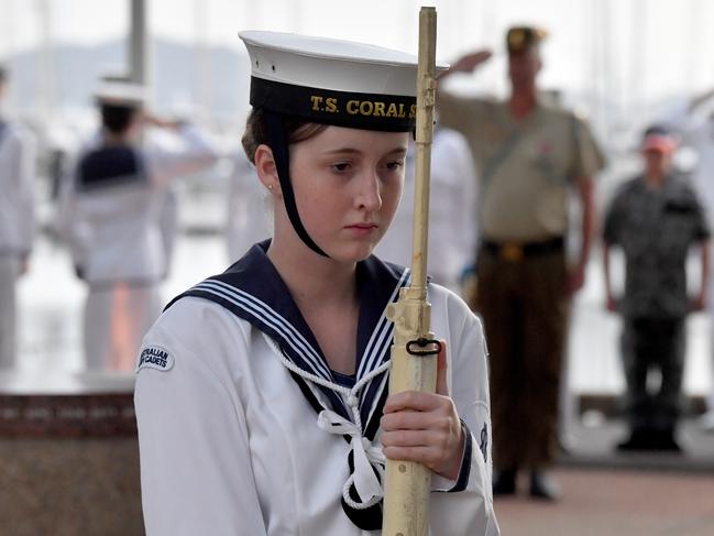 Dawn Service at Anzac Park for 83rd commemoration of Battle of Coral Sea. Part of the catafalque party from TS Coral Sea. Picture: Evan Morgan