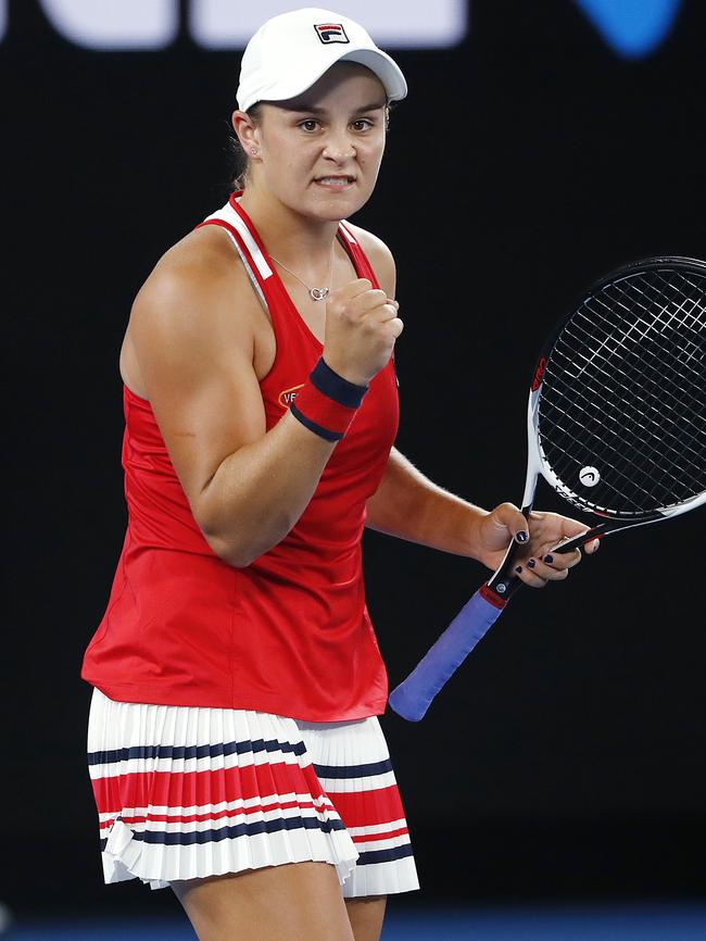 Ash Barty gives a fist pump after defeating Camila Giorgi on Thursday night. Picture: Michael Klein