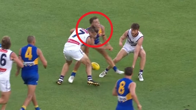 Zac Langdon's head knock with Nat Fyfe.