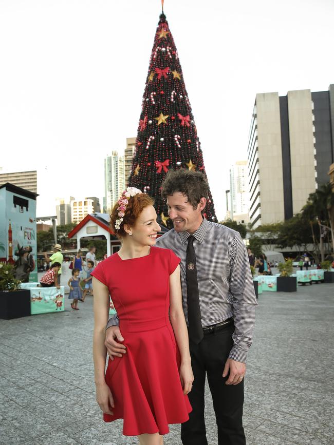 Lachy Gillespie with wife and yellow Wiggle, Emma Watkins. Photo: Mark Cranitch