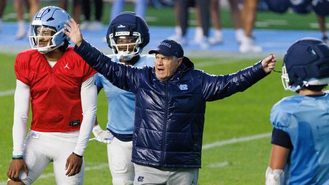 Head coach Bill Belichick of the North Carolina Tar Heels coaches during North Carolina's 