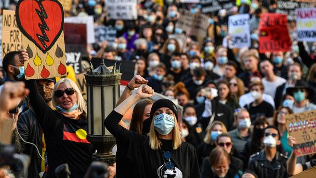 Demonstrators attend a Black Lives Matter protest to express solidarity with US protesters in Sydney. Picture: AFP