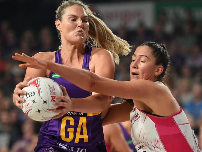 BRISBANE, AUSTRALIA - MAY 09: Gretel Bueta of the Firebirds competes for the ball during the round two Super Netball match between Queensland Firebirds and Adelaide Thunderbirds at Nissan Arena, on May 09, 2021, in Brisbane, Australia. (Photo by Matt Roberts/Getty Images)