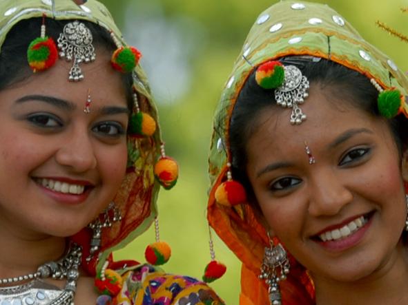 Bollywood Dhamaka dancers Sue Karamchedu (Coorparoo, Brisbane) and Derisha Rangia (Loganholme, Brisbane). Toowoomba Carnival of Flowers Parade making its way through Toowoomba CBD