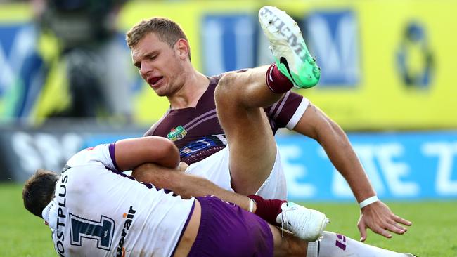 Manly's Tom Trbojevic tackled by the Storm's Billy Slater during the round 7 NRL game between the Manly Sea Eagles and the Melbourne Storm at Lottoland, Brookvale. Picture: Gregg Porteous