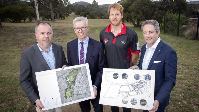 AFL High Performance Centre, Minister Nic Street, Tasmania Football Club board member Roger Curtis, footballer Andrew Phillips and City of Clarence Mayor Brendan Blomeley at Rosny. Picture: Chris Kidd