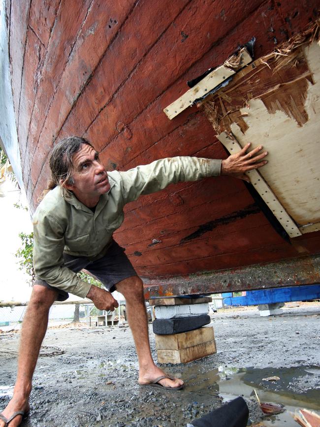 Doug Meyer, owner operator, of the pearl lugger Falla which has been salvaged and is in dry dock for repairs.