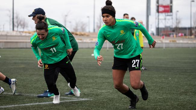 Mary Fowler, right, and Lisa De Vanna train with the Matildas in Denver, Colorado. Picture: Tristan Furney/FFA