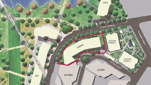 An aerial view of where Shore will be positioned along Skyring Terrace, adjacent to Mirvac's Unison Towers which were completed in late 2016. Some residents complained about the loss of their view, setbacks and air circulation. Picture: Mirvac design