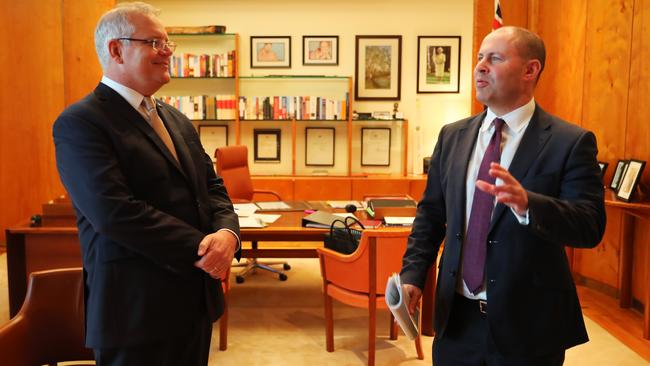 tScott Morrison and Josh Frydenberg in the Prime Minister’s office in Canberra on Thursday. Picture: Adam Taylor/PMO