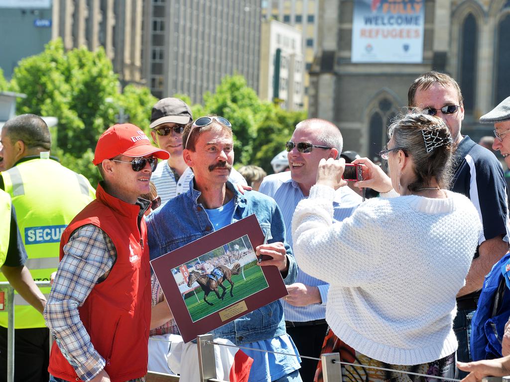 Luke Nolan with a fan at the Melbourne Cup Parade. Picture: Rob Leeson.