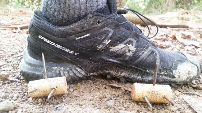 Runners and bushwalkers urged to take extra care after homemade spikes found scattered across a running trail in Lake Macquarie’s State Conservation Park. Credit: NSW Police Supplied