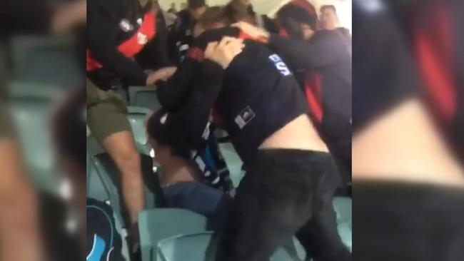 AFL fans fight in the stands.