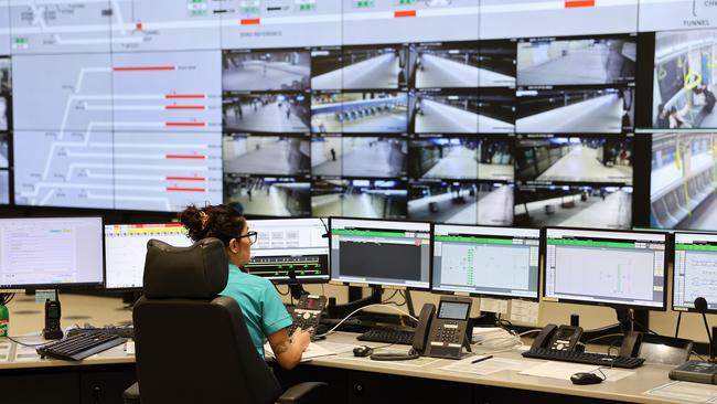 Staffers monitor Metro movements at the Tallawong control centre. Picture: Tim Hunter.