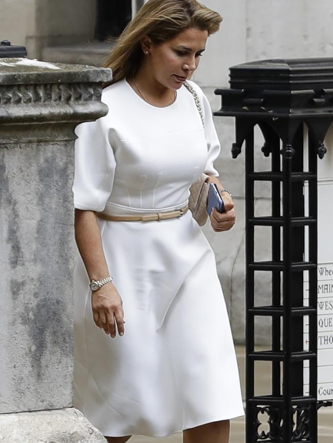 Princess Haya Bint al-Hussein, seen for the first time since fleeing Dubai in May, leaves the High Court in London. Picture: AP.