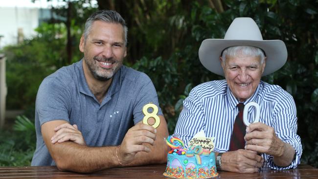 Member for Kennedy Bob Katter has celebrated his 80th birthday in Cairns overlooking Trinity Inlet with a cake to mark the occasion. The maverick MP was joined by the ALP's new Member for Leichhardt, Matt Smith, where they discussed the need for a new inland route connecting Cairns to the Atherton Tablelands. Picture: Samuel Davis