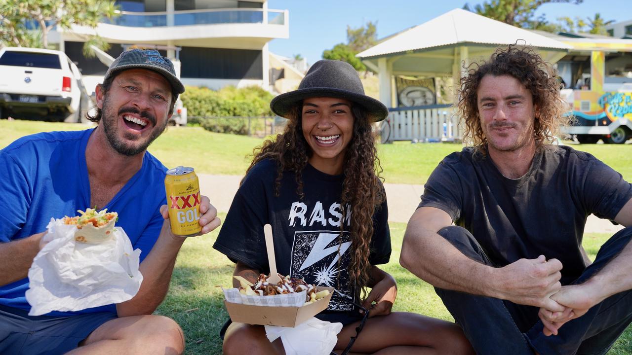 Ma &amp; Pa Vintage owner Patrick Joseph with Alisha Cooper and Nick Edgerton at the 49th Annual Pa &amp; Ma Bendall Memorial Surfing Contest held at Moffat Beach in Caloundra on April 8, 2023. Picture: Katrina Lezaic