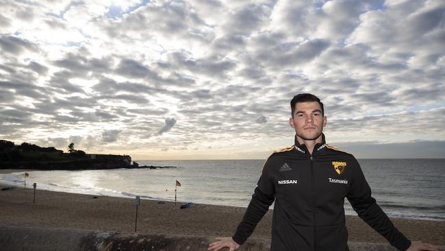 Hawthorn’s Jaeger O'Meara at Coogee Beach in Sydney. Picture: Ryan Pierse/Getty Images.