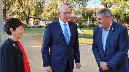 His Excellency General, the Honourable David Hurley, the Governor-General of the Commonwealth of Australia and Her Excellency, Linda Hurley, with the mayor of Alice Springs, Damien Ryan (right)