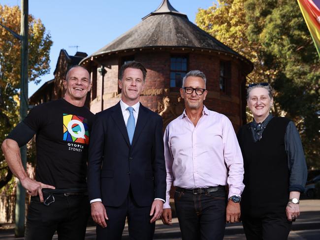 Ian Roberts, Premier Chris Minns, Greg Fisher and Dr Liz Bradshaw, outside the old Darlinghurst Police Station, which is the new home for Qtopia Sydney. Picture: Justin Lloyd.