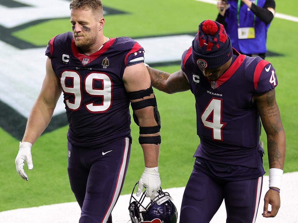 J.J. Watt and Deshaun Watson in Texans colours for the last time.