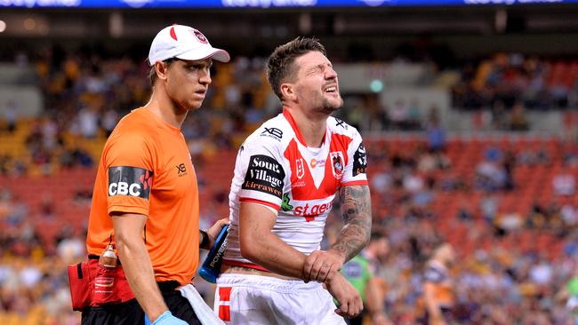 BRISBANE, AUSTRALIA - MARCH 28: Gareth Widdop of the Dragons is taken from the field injured during the round 3 NRL match between the Brisbane Broncos and the St George Illawarra Dragons at Suncorp Stadium at Suncorp Stadium on March 28, 2019 in Brisbane, Australia. (Photo by Bradley Kanaris/Getty Images)