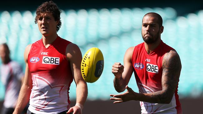 Kurt Tippett and Lance Franklin at Swans training. Picture: Phil Hillyard