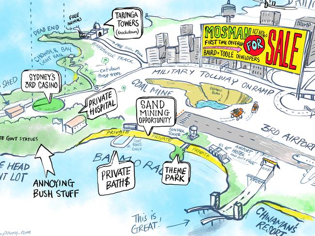 Mosman for sale cartoon by Tristan Parry for the Mosman Against Forced Amalgamation group.