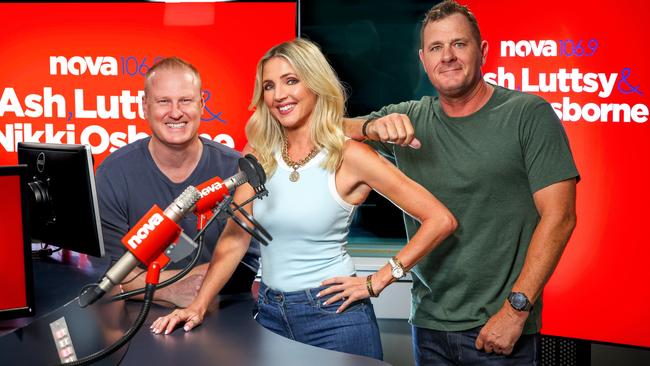 Nikki Osborne with David Lutteral (left) and Ash Bradnam. Picture: Nova 106.9