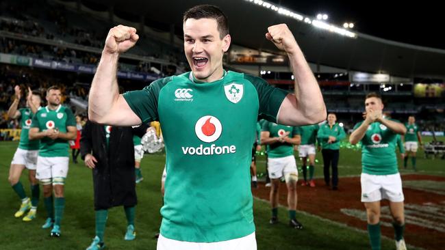 Johnny Sexton of Ireland celebrates beating the Wallabies at Allianz Stadium.