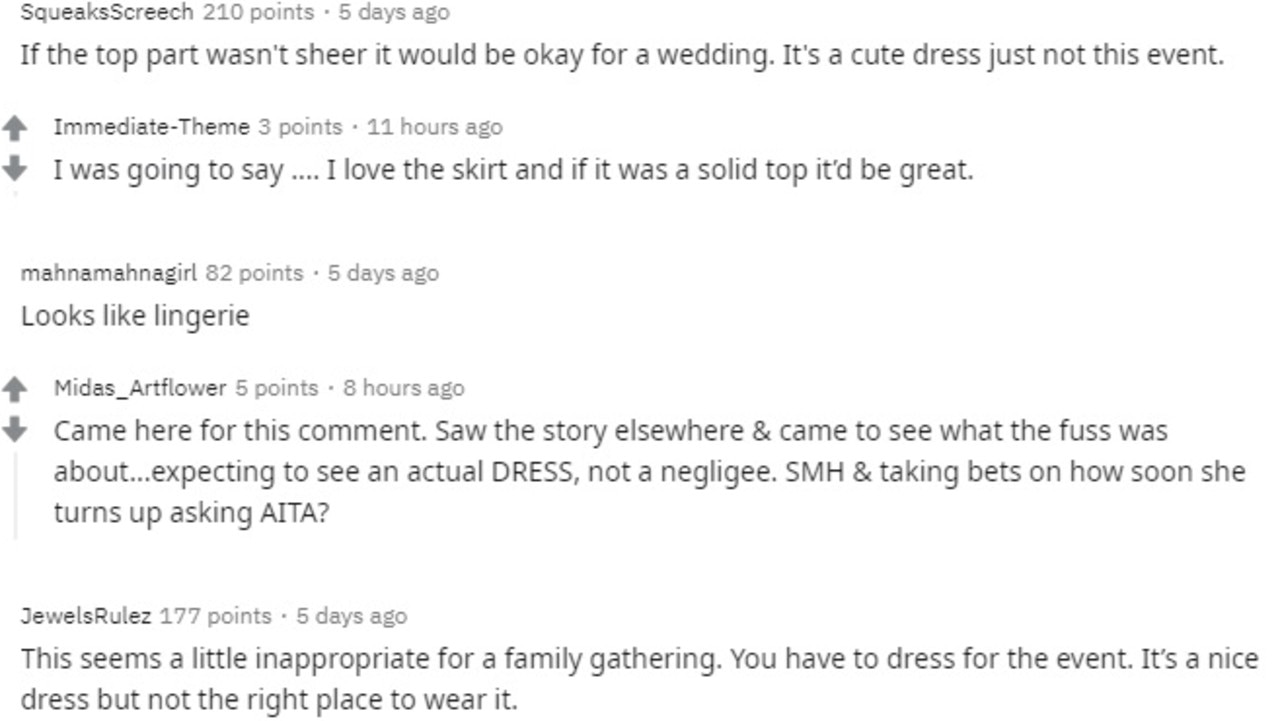 Some labelled the alleged wedding guest’s dress as ‘risqué’, ‘too hot’ and ‘inappropriate’. Picture: Reddit/pinacolada12345