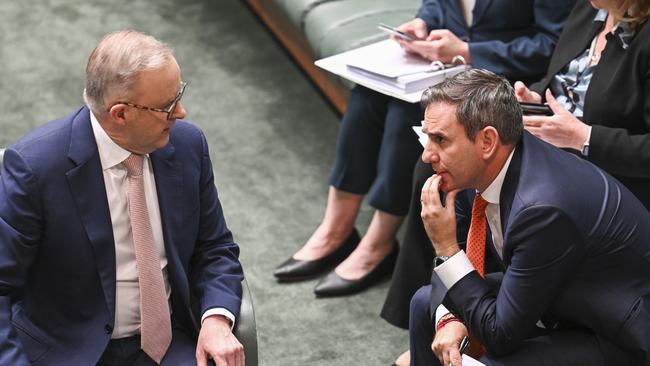 Anthony Albanese and Jim Chalmers during Question Time at Parliament House in Canberra. Picture: NewsWire / Martin Ollman