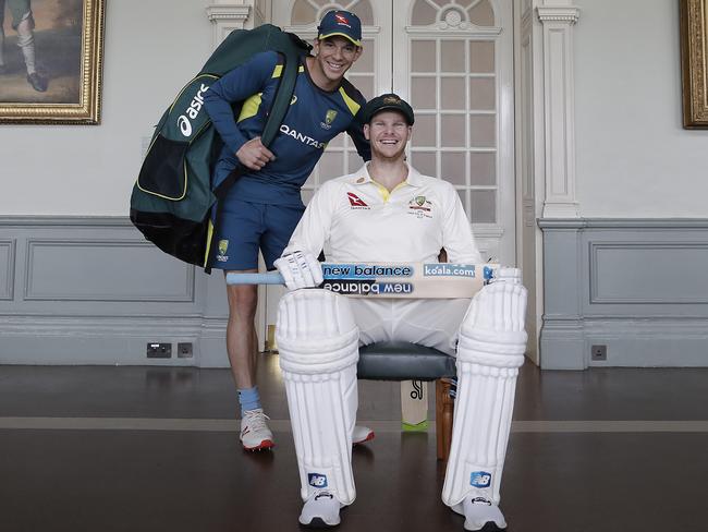 LONDON, ENGLAND - AUGUST 12: Australian Cricketer Steve Smith poses with Australian Captain Tim Paine in the Long Room at Lord's Cricket Ground on August 12, 2019 in London, England. (Photo by Ryan Pierse/Getty Images)